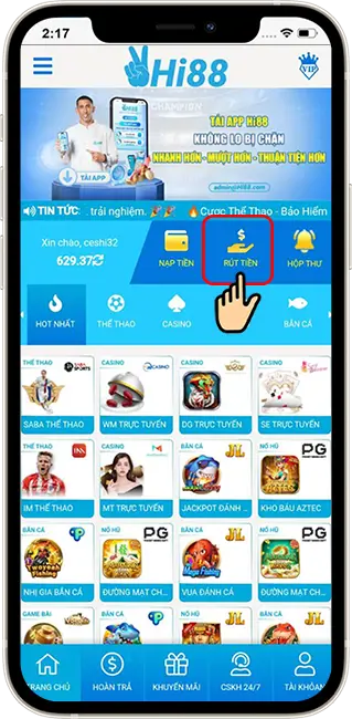 Bước 1: Tại trang chủ,truy cập mục Rút tiền trực tuyến